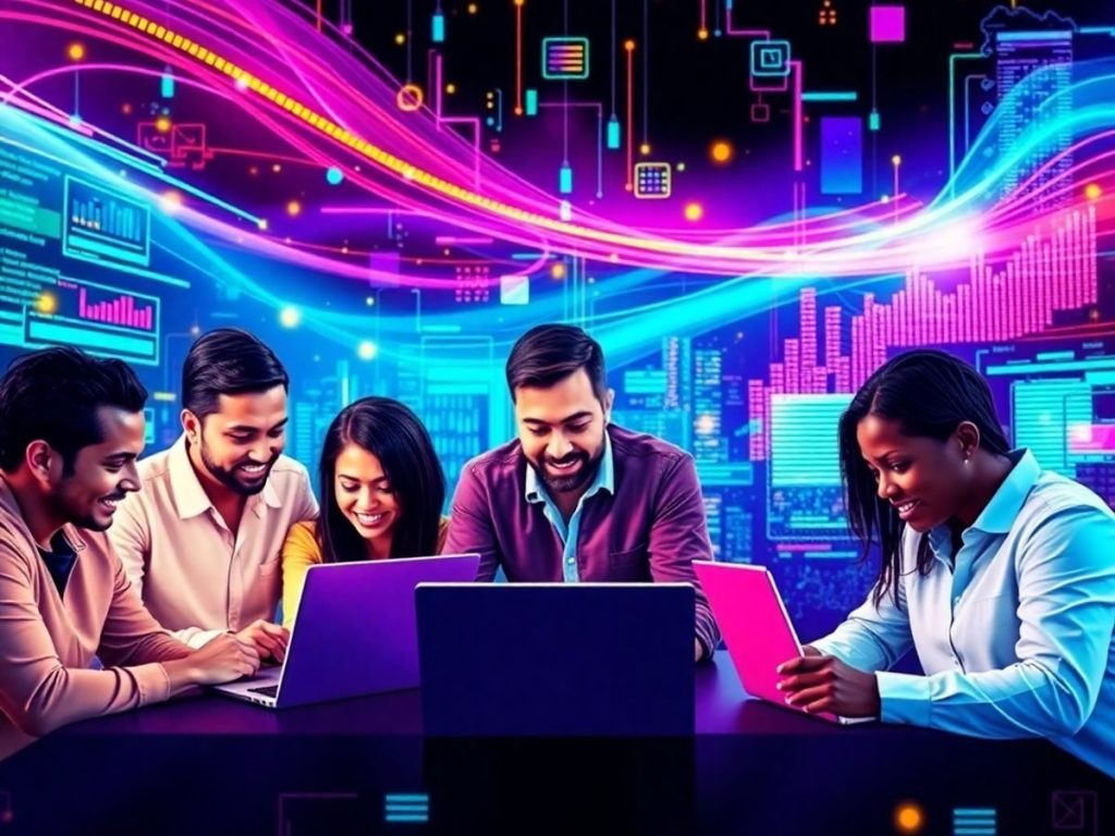 Colaborare digitală în marketing online, oameni și laptopuri.