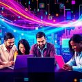 Colaborare digitală în marketing online, oameni și laptopuri.