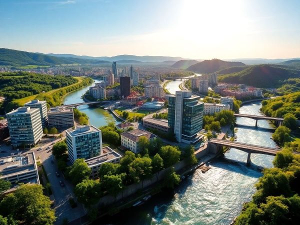 Clădiri moderne și natură luxuriantă